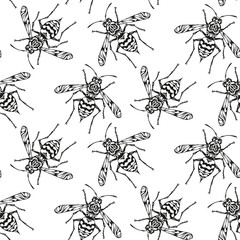 Seamless pattern with bees on the white background.