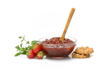 strawberry jam in glass bowl - white background