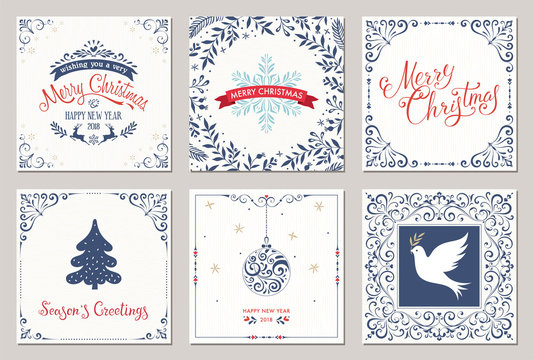 Ornate square winter holidays greeting cards with New Year tree, reindeers, Christmas ornaments, Peace Dove, snowflake, typographic design, swirl and floral frames.