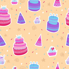Hand drawn pattern with Birthday elements. Celebration cakes and festive caps. Colorful seamless background