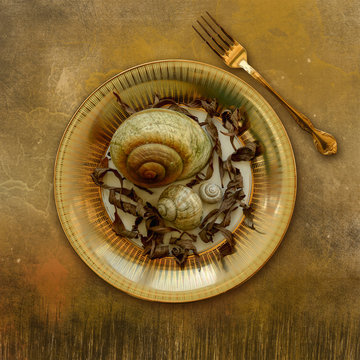 Place setting, plate with snails and leaves