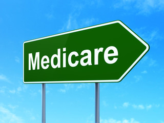 Health concept: Medicare on green road highway sign, clear blue sky background, 3D rendering