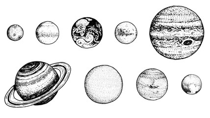 planets in solar system. moon and the sun, mercury and earth, mars and venus, jupiter or saturn and pluto. astronomical galaxy space. engraved hand drawn in old sketch, vintage style for label. © artbalitskiy