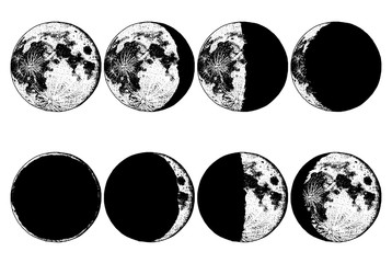 Moon phases planets in solar system. astrology or astronomical galaxy space. orbit or circle. engraved hand drawn in old sketch, vintage style for label.