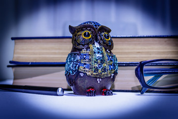 Cute owl figurine with books, pen and glasses