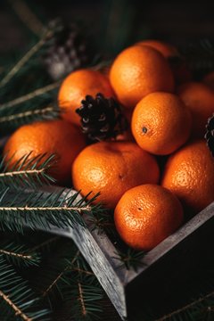 Tangerines with christmas decoration on rustic wooden background. Tangerines with spruce. Christmas decoration