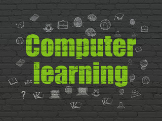 Obraz premium Learning concept: Painted green text Computer Learning on Black Brick wall background with Hand Drawn Education Icons