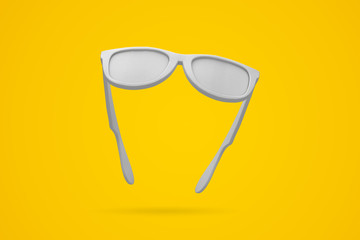 White sunglasses on a bright yellow background. Summertime background. 3D rendering