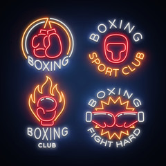 Fototapeta na wymiar Boxing Sports Club set of logos in a neon style, vector illustration. Collection of neon signs, emblems, symbols for a sports facility on a boxing theme. Neon banner, bright nightlife advertisement