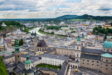 Fototapeta premium Salzburg panorama overlooking the city center and the river Salzach, Austria