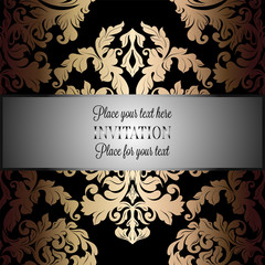 Baroque background with antique, luxury black and gold vintage frame, victorian banner, damask floral wallpaper ornaments, invitation card, baroque style booklet, fashion pattern, template for design