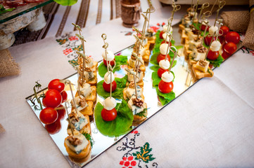 Snacks, vegetables and meat specialities on the buffet
