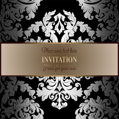 Baroque background with antique, luxury black, silver and gold vintage frame, victorian banner, damask floral wallpaper ornaments, invitation card, baroque style booklet, fashion pattern