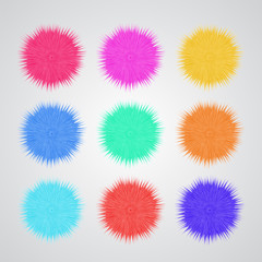 Textile fluffy pompons, wall or ceiling hanging vector decor for birthday celebrations, carnivals, kid's parties isolated on white. Cute embellishment for baby's room, toddler interior.