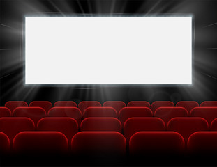 Movie cinema premiere poster design with white screen and rows of red chairs in the darkness. Empty space for branding with glowing illuminating rays of light to attract attention. Vector background.