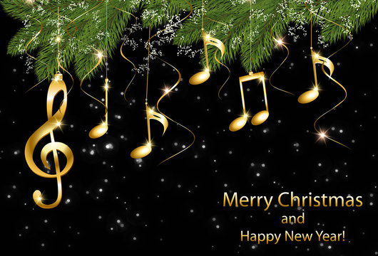 Abstract New Year background with musical notes and treble clef on a Christmas tree branch