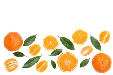 orange or tangerine with leaves isolated on white background with copy space for your text. Flat lay, top view