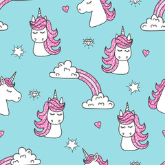 Seamless pattern with cute unicorns. Vector kids background.