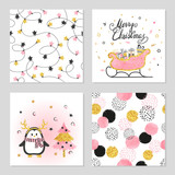 Christmas and New Year vector set with cute penguin, sleigh and patterns.