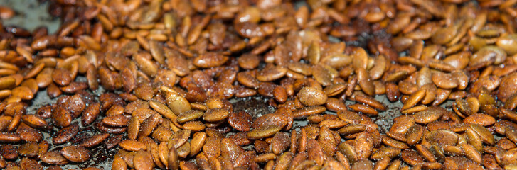 Toasted pumpkin seed banner with a shallow depth of field