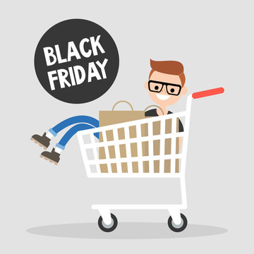 Black Friday Annual Sale Event. Young character having fun during the Black Friday sale. Sitting in the shopping cart. Big Fall Sale. Lifestyle concept. Shopping. Flat vector illustration, clip art