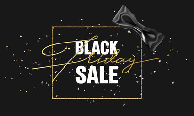 Black Friday Sale Gold Banner Luxury Black Background and Grainy Sparkle Confetti. Advertising Golden Poster Template for black friday. Vector illustration