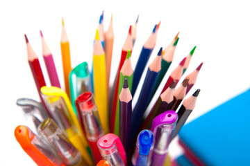 Various colour pencils in  cup isolated on the white background