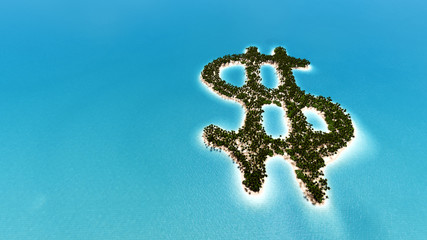 Tropical island in the form of Dollar 3D render