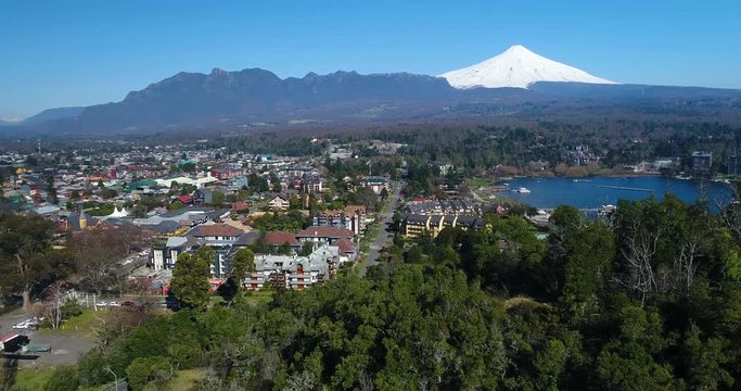 Pucon Chile Volcano Aerial Drone View Reveal Lake Villarrica