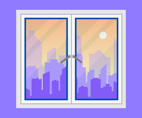 Window and city view. Evening city skyline silhouette . Modern urban landscape. Cityscape backgrounds. Flat style vector illustration. EPS