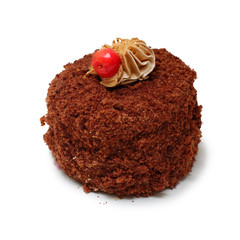 cake in chocolate chip with cream and cherries on white background