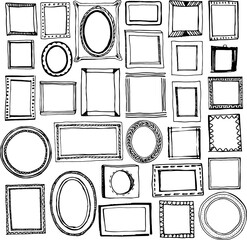 Hand drawn frames big set. Cartoon style. Vector. Round, squared and oval frames with decorative elements and simple. © Elen Koss