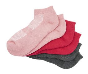 Pink red and grey socks isolated on white background