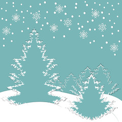 Winter Landscape with fir trees on hills, snow and snowflakes on pine green background. Christmas concept for cards, invitations, packets. Paper art style. Happy New Year. Vector illustration EPS 10