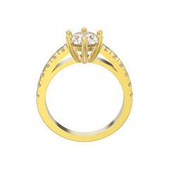 3D illustration isolated yellow gold solitaire engagement diamond ring