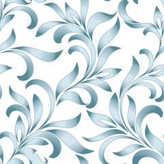 Seamless pattern of abstract floral ornament with curled leaves. Blue tracery isolated on white background. Engraving style.
