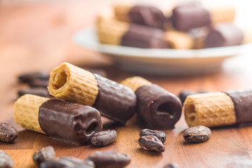 Sweet dessert. Biscuits rolls with chocolate.