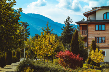 Apartments in Balkans Mountains, Europe, Bulgaria. Luxury houses at the Pirin Golf village, summertime. - 180776734