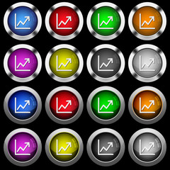 Line graph white icons in round glossy buttons on black background