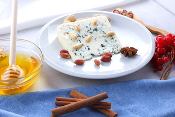 Cheese with a mold on a white plate, honey, nuts, red berries on a white background, soft cheese with nuts for Christmas dinner, minimalism, retro style