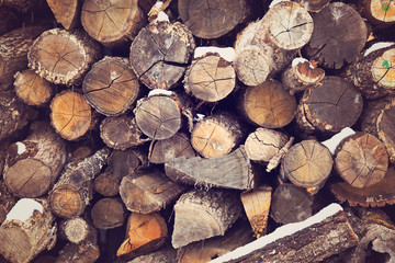 Wood logs in Winter covered in snow