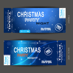 Vector set of Christmas night party ticket on the blue gradient background with wave and snowfall.