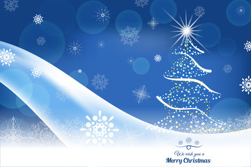 Fototapeta na wymiar Vector We wish you a Happy New Year abstract dark blue background with light wave and snowflakes.
