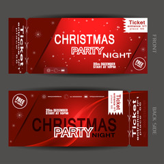 Vector set of Christmas night party ticket on the dark red gradient background with pockets, wave and snowfall.