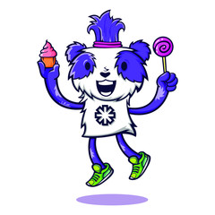 Funny and happy character of cartoon panda with candy and muffin, panda is jumping in shoes, vector illustration isolated on white background, line art style