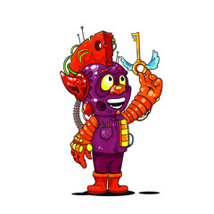 Funny and cute character of robot with key, vector cartoon illustration isolated on white background