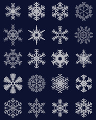 Set of different white snowflakes on a colored  background