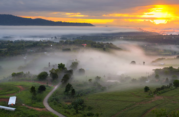 Morning view point with mountain mist and road in Khao Takhian Ngo most famous travel place at phetchabun in thailand