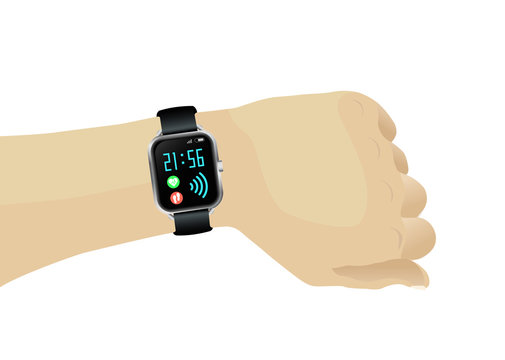 Human hand with wireless smartwatch with time, pulse, steps, wifi.