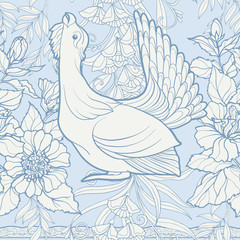 Fototapeta premium Seamless pattern, background with decorative flowers and bird in art nouveau style, vintage, old, retro style. Stock vector illustration.